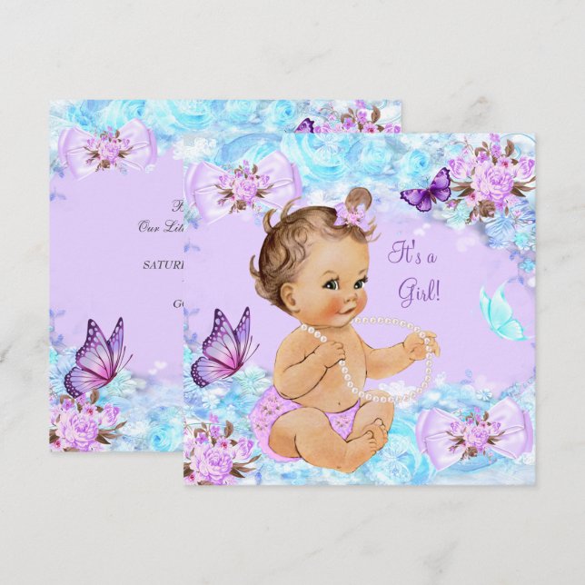 Girl Baby Shower Teal Purple Butterfly Brunette Invitation (Front/Back)