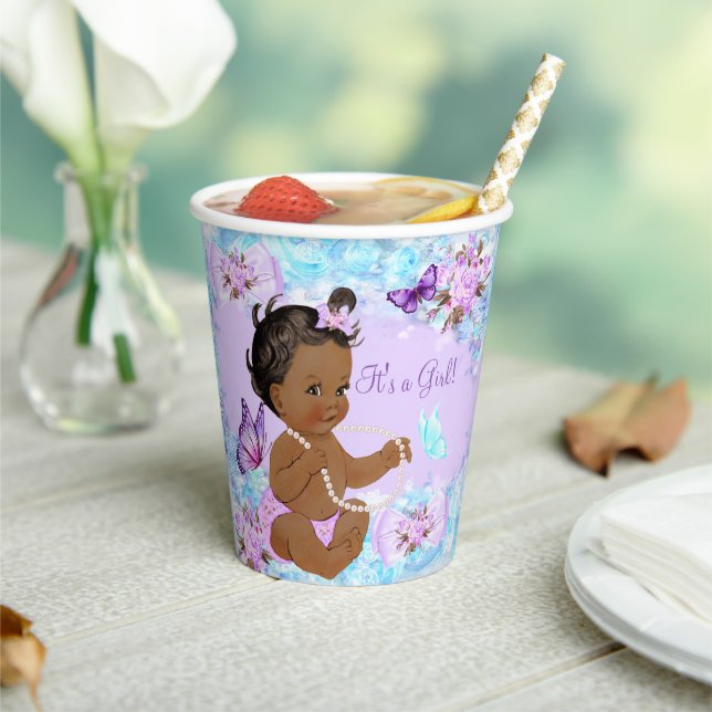 Girl Baby Shower Teal Purple Butterfly Ethnic Paper Cups (Insitu)
