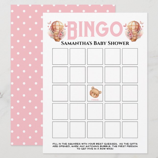  Girl Baby Shower Teddy Balloon Pink Bingo  Invitation (Front/Back)