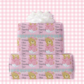 Girl Baby Shower Teddy Bear Add Name Pastel Pink Wrapping Paper