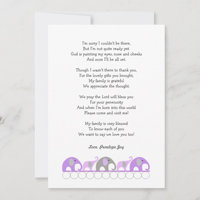 Girl baby shower thank you notes with poem (Front)