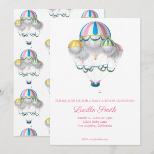 Girl Baby Shower Vintage Hot Air Balloon Invitate Invitation