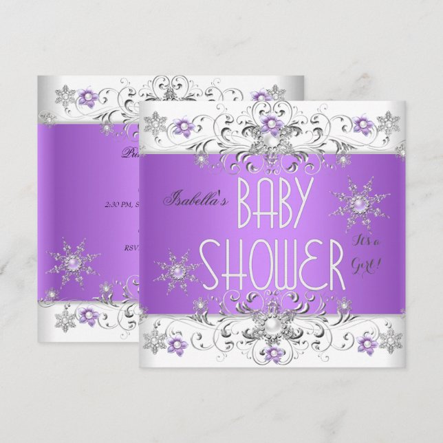 Girl Baby Shower Winter Wonderland Purple White 3 Invitation (Front/Back)