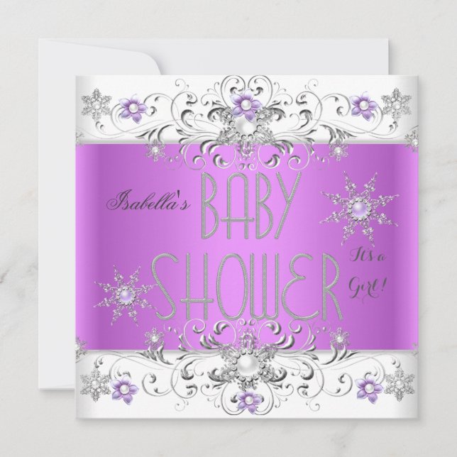 Girl Baby Shower Winter Wonderland Purple White Invitation (Front)