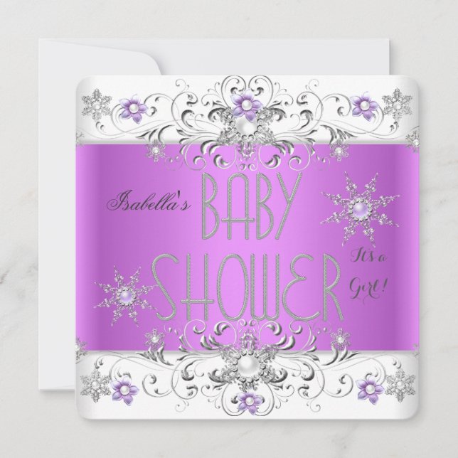 Girl Baby Shower Winter Wonderland Purple White Invitation (Front)