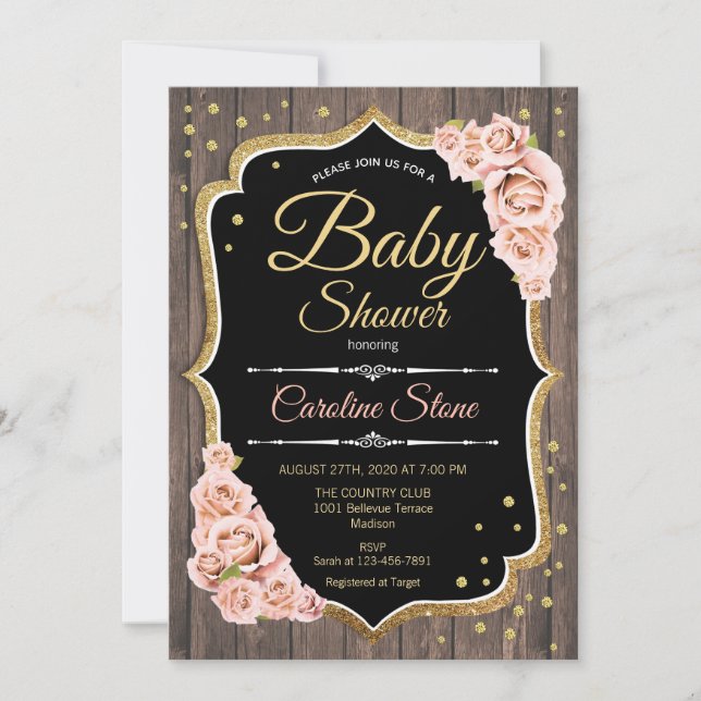 Girl Baby Shower - Wood Blush Pink Roses Invitation (Front)