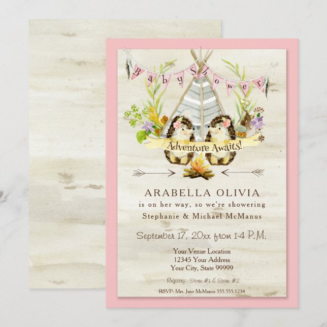 Girl Baby Shower Woodland Forest Teepee Hedgehogs Invitation (Front/Back)