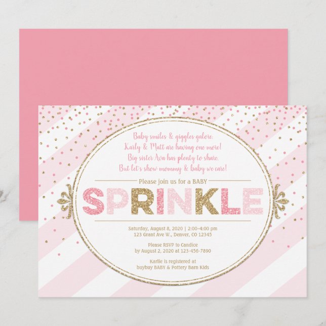 Girl baby sprinkle invitation pink gold invites (Front/Back)