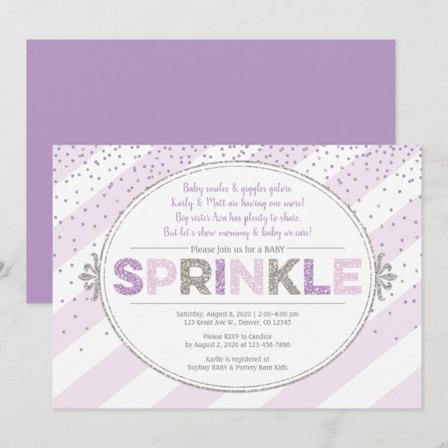 Girl baby sprinkle invite purple silver glitter (Front/Back)