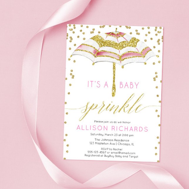 Girl baby sprinkle, umbrella pink gold baby shower invitation (Creator Uploaded)