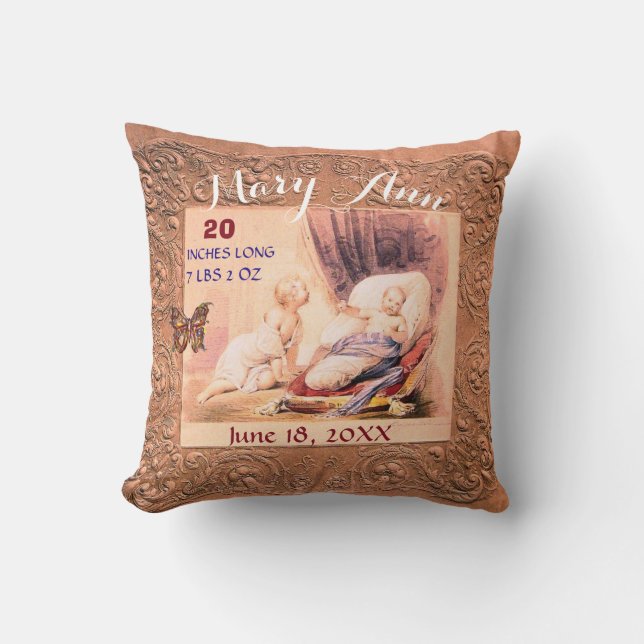 Girl Baby Stats Antique Pink Floral Keepsake Cushion (Front)