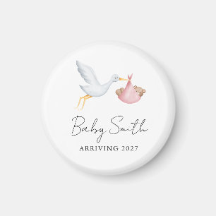 Girl Baby Water Colour Stork Announcement Year Magnet