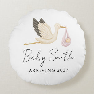 Girl Baby Water Colour Stork Announcement Year Round Cushion