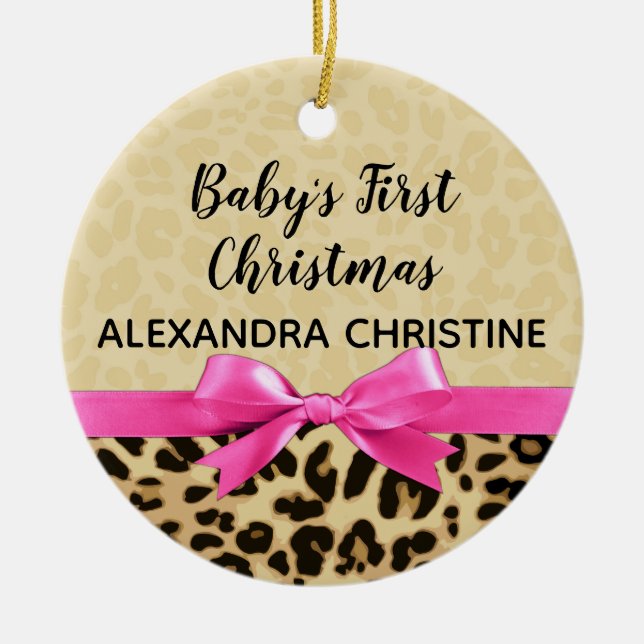 Girl Babys First Christmas Leopard Pink Bow Year Ceramic Tree Decoration (Front)