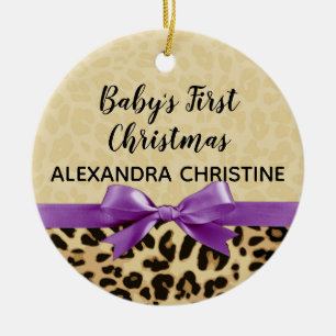 Girl Babys First Christmas Leopard Print Purple Ceramic Tree Decoration