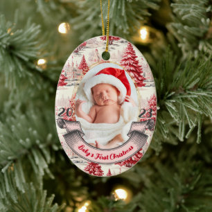 Girl Baby's First Christmas Tree Pink & Red Photo Ceramic Tree Decoration