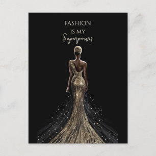 Girl back gold glitter dress black background  postcard