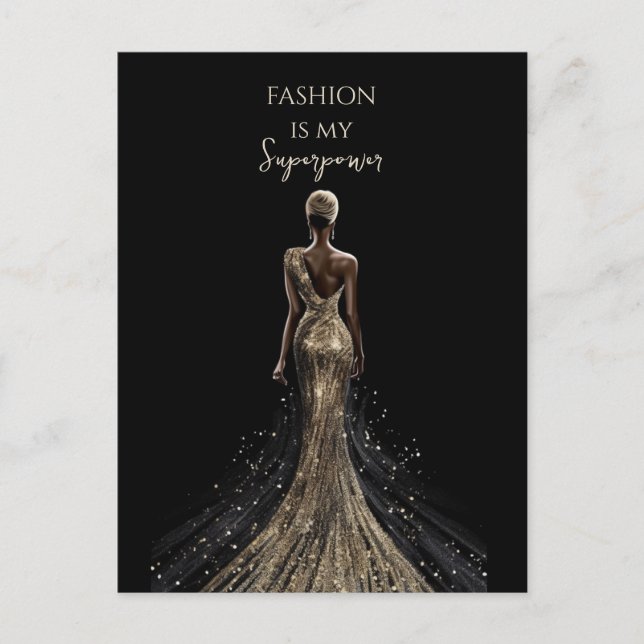 Girl back gold glitter dress black background  postcard (Front)