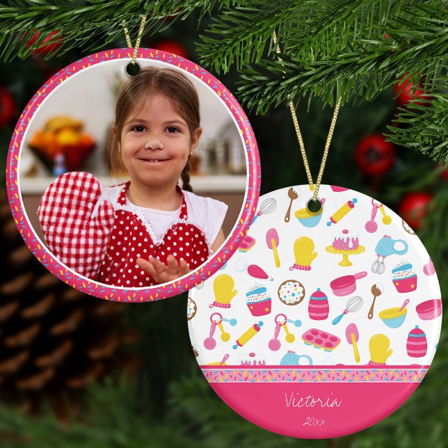 Girl Baker Pink Cooking Kid Chef Photo Christmas Ceramic Tree Decoration (Creator Uploaded)