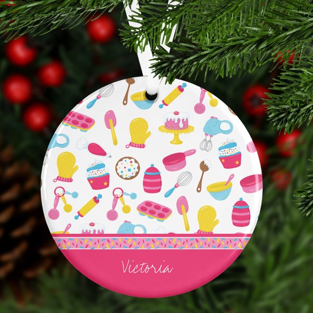 Girl Baker Pink Cooking Pattern Chef Kid Christmas Ceramic Tree Decoration (Creator Uploaded)