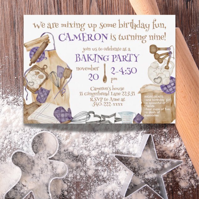 Girl Baking Theme Birthday Party Purple Invitation (Girl Baking Theme Birthday Party Purple Invitation)