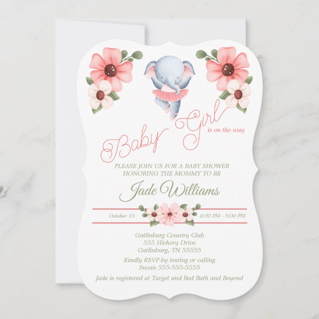 Girl Ballerina Elephant Baby Shower Invitation (Front)
