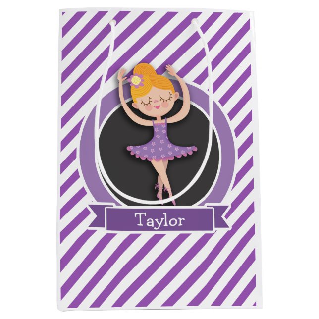 Girl Ballet Dancer; Ballerina; Purple & White Medium Gift Bag (Front)