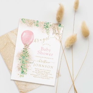 Girl Balloon Eucalyptus Gold Glitter Baby Shower I Invitation