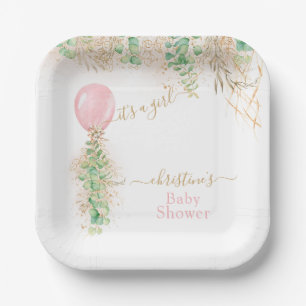 Girl Balloon Eucalyptus Gold Glitter Baby Shower Paper Plate