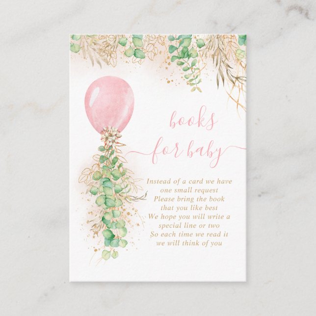Girl Balloon Eucalyptus Gold Glitter Book For Baby Enclosure Card (Front)