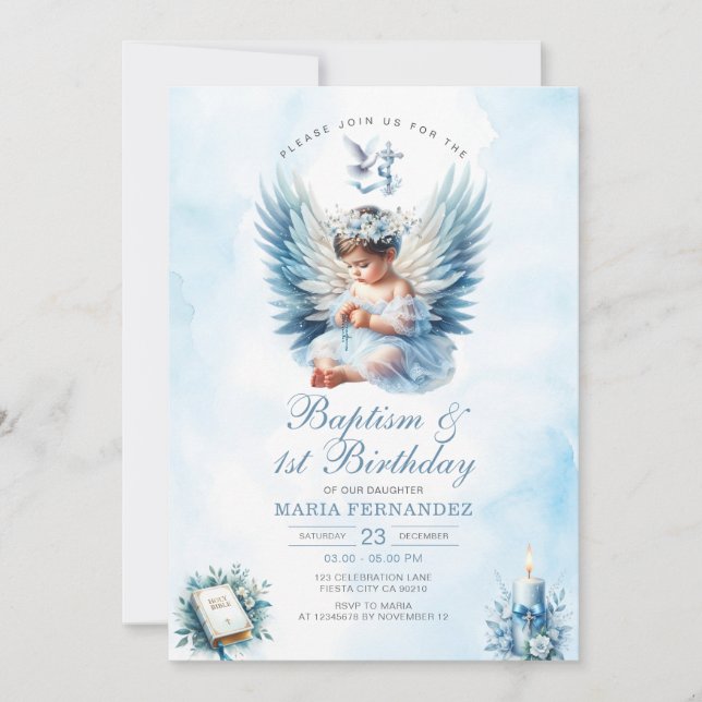 Girl Baptism & 1st Birthday Blue Floral Cross Invitation (Front)