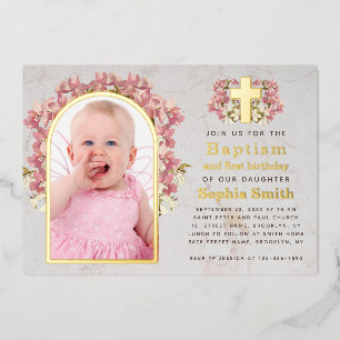 Girl Baptism 1st Birthday Photo Pink Orchids Gold