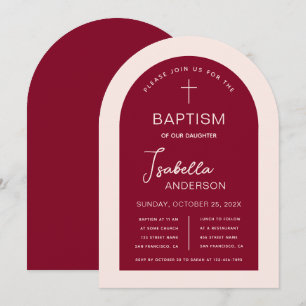 Girl Baptism Arch Burgundy Pink Modern Script Invitation