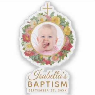 Girl Baptism Baby Photo Rose Wreath Cross Script