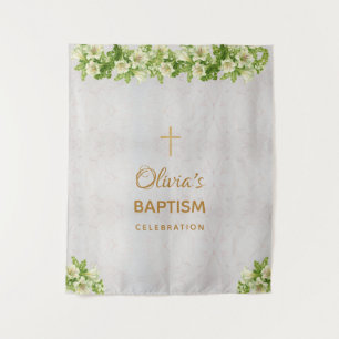Girl Baptism Backdrop   Marble Gold Cross Lilies Tapestry