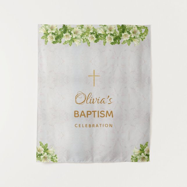 Girl Baptism Backdrop | Marble Gold Cross Lilies Tapestry (Front)