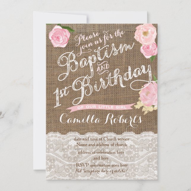 girl baptism birthday invitations, pink baptism invitation (Front)