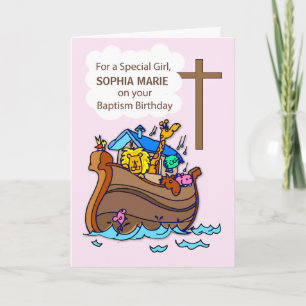 Girl Baptism Birthday with Noahs Ark on Pink Card
