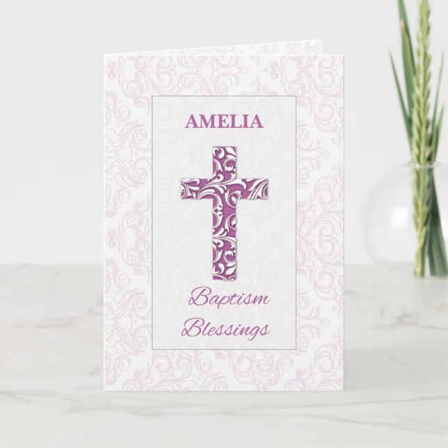 Girl Baptism Blessings Pink Cross Damask Swirls Card (Front)