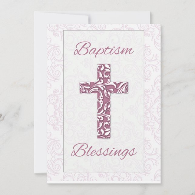 Girl Baptism Blessings Pink Cross Damask Swirls Invitation (Front)