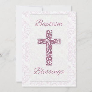 Girl Baptism Blessings Pink Cross Damask Swirls Invitation