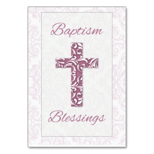 Girl Baptism Blessings Pink Cross Damask Swirls Table Number