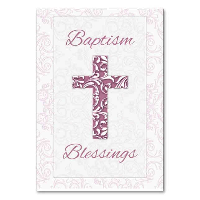 Girl Baptism Blessings Pink Cross Damask Swirls Table Number (Front)