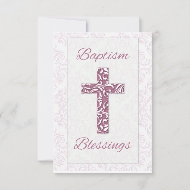 Girl Baptism Blessings Pink Cross Damask Swirls Thank You Card (Front)