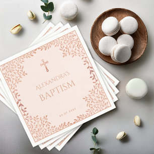 Girl Baptism Blush Pink Elegant Rose Gold Leaves Napkin