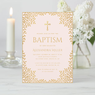Girl Baptism Blush Pink Faux Gold Leaves Religious Invitation