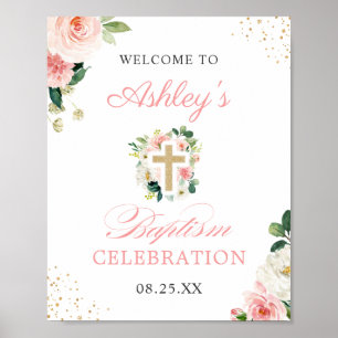 Girl Baptism Blush Pink Floral Gold Cross Sign