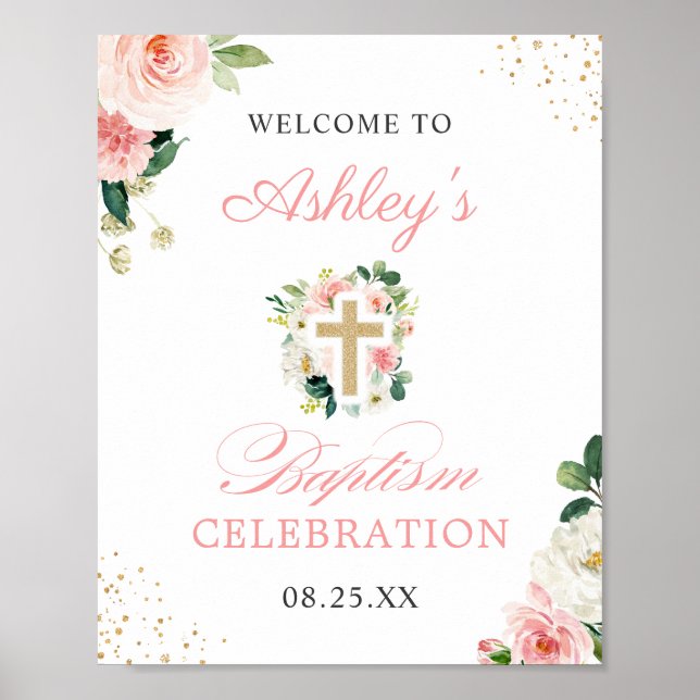 Girl Baptism Blush Pink Floral Gold Cross Sign (Front)