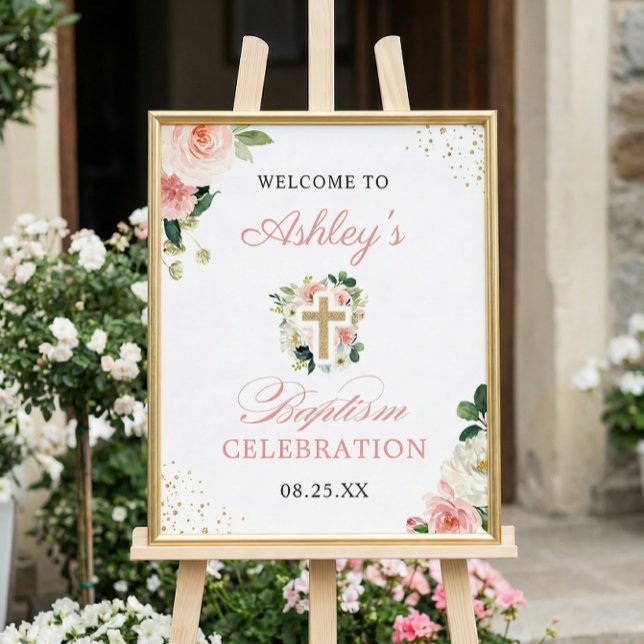Girl Baptism Blush Pink Floral Gold Cross Sign (Creator Uploaded)