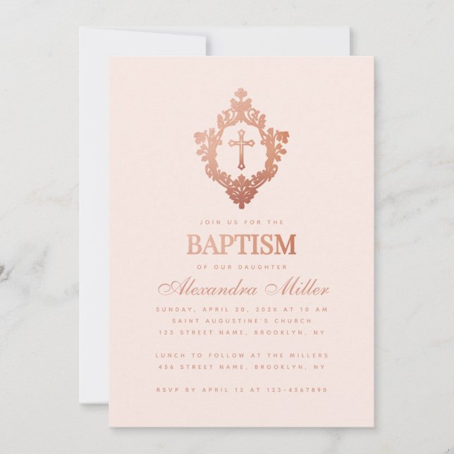 Girl Baptism Blush Pink Rose Gold Cross in Crest Invitation (Front)